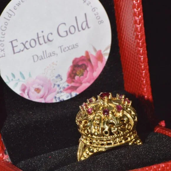 Vintage Franklin Mint Natural Ruby 18K 750 Solid Gold Etruscan Crown Dome Ring